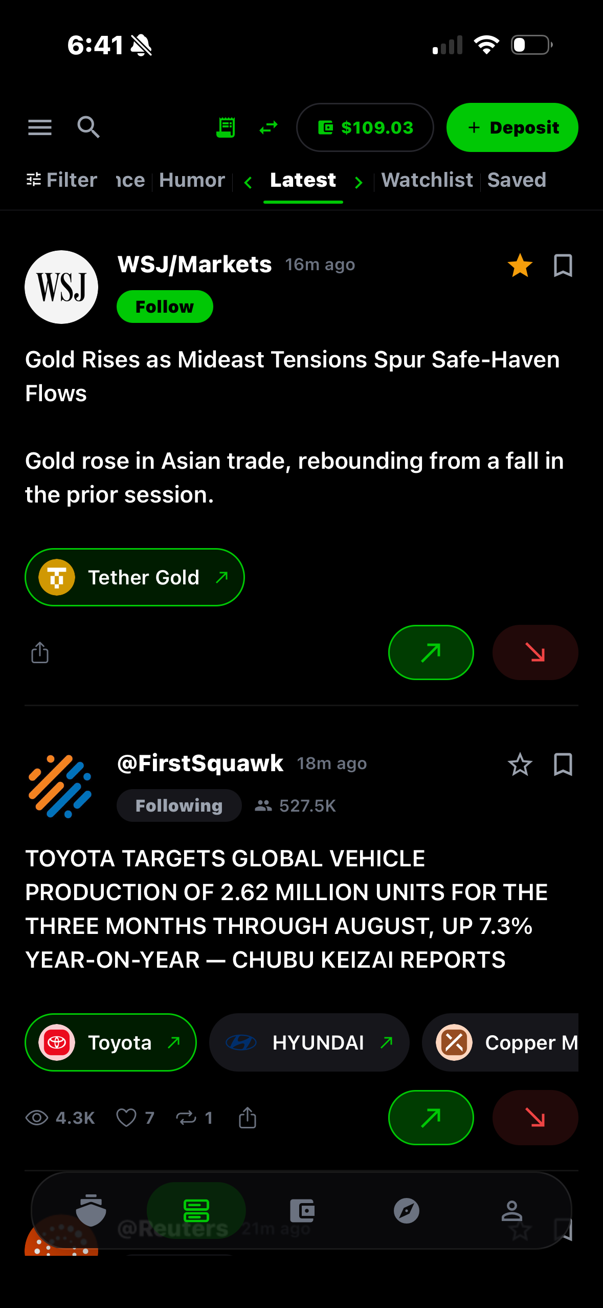 Freeport app: the live trade feed