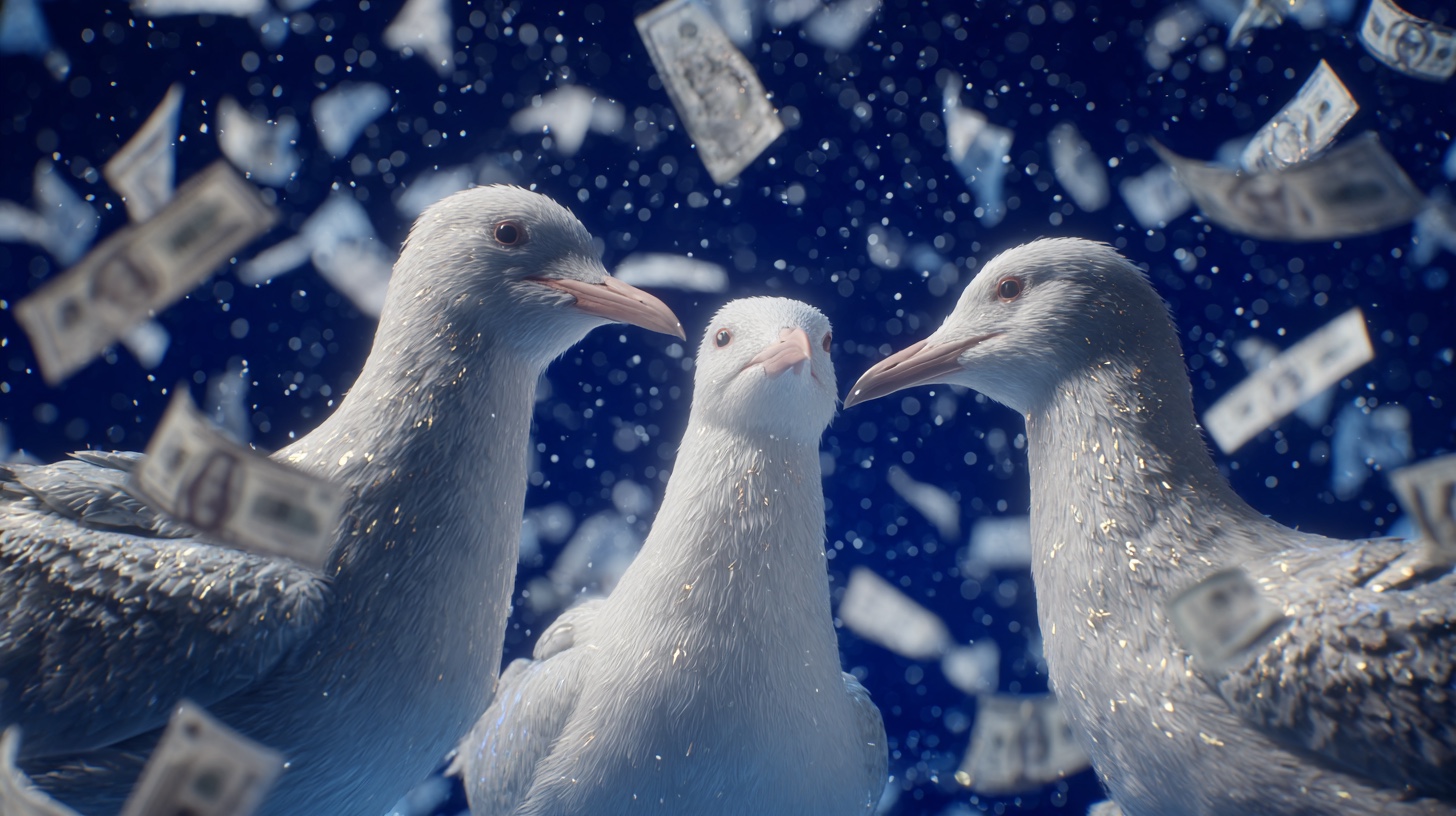 Three seagulls surrounded by a blizzard of cash in a moody blue haze